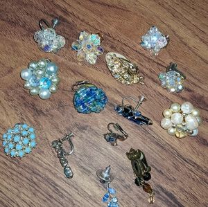 Lot of midcentury blue and iridescent single earrings
